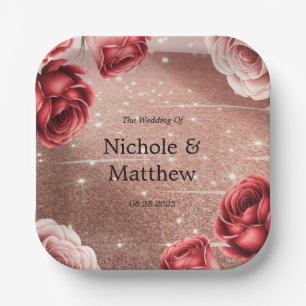 Rose Gold Glitter with Red Roses Wedding Paper Plates