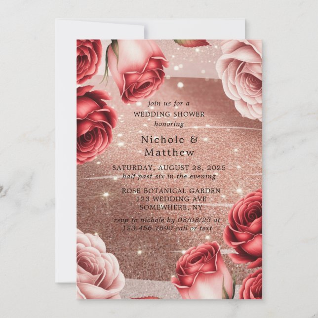 Rose Gold Glitter with Red Roses Wedding Shower Invitation (Front)