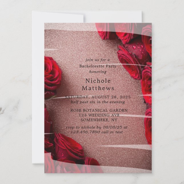 Rose Gold Glitter with Red Roses Wedding Shower Invitation (Front)