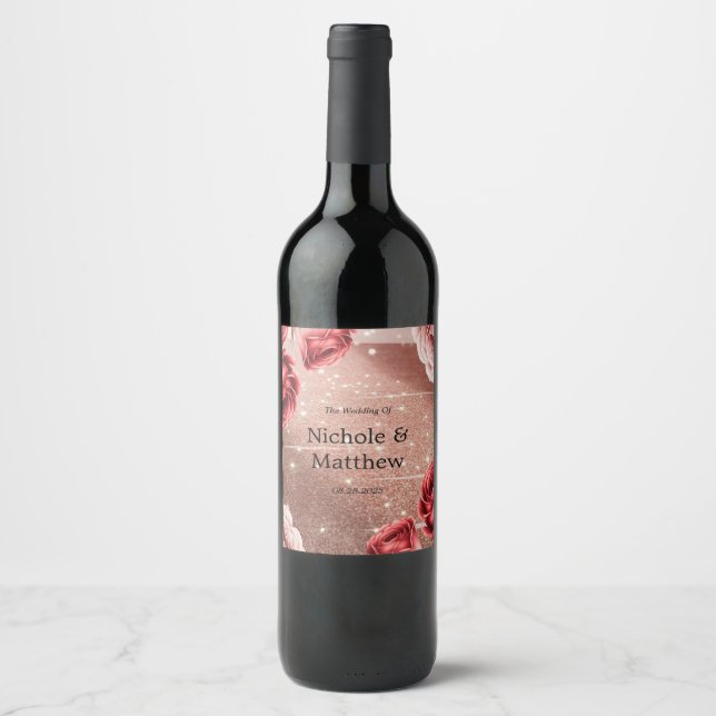Rose Gold Glitter with Red Roses Wedding Wine Label (Front)