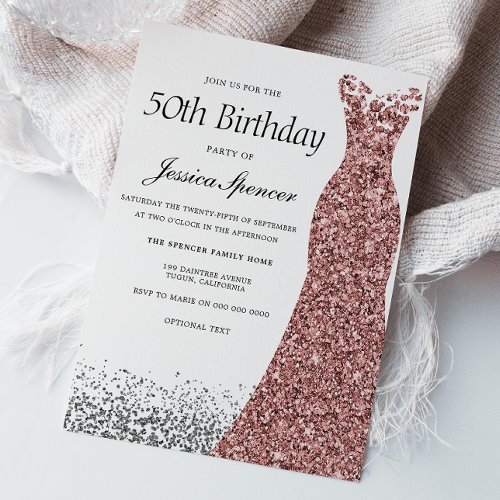 Rose Gold Glitter Womans 50th Birthday Party Invitation