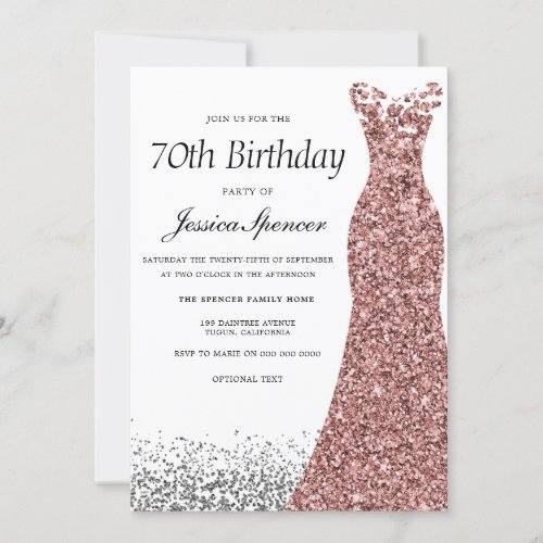 Rose Gold Glitter Womans 70th Birthday Party Invitation