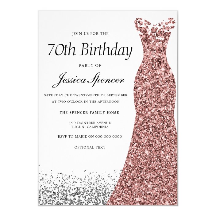 Rose Gold Glitter Womans 70th Birthday Party Invitation