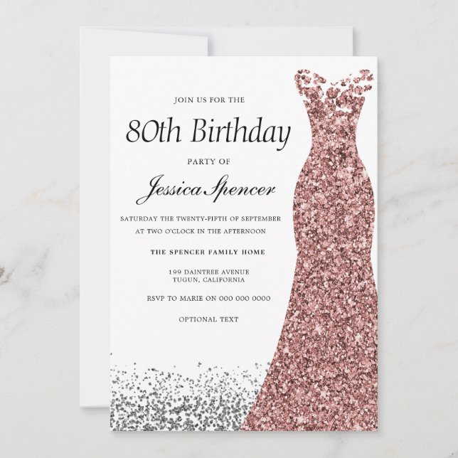 Rose Gold Glitter Womans 80th Birthday Party Invitation (Front)