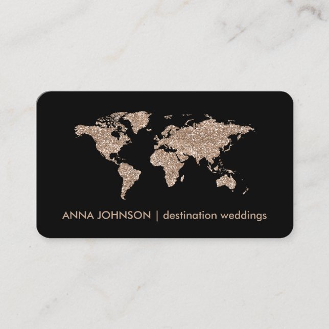 Rose Gold Glitter World Map Global Travel Agent Business Card (Front)