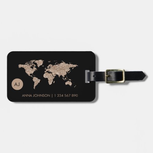 Rose Gold Glitter World Map Travel Monogram Name Luggage Tag