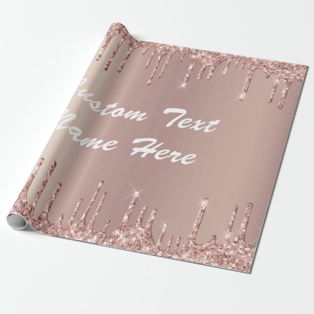 Rose Gold Glitter Wrapping Paper Personalized Text (Unrolled)