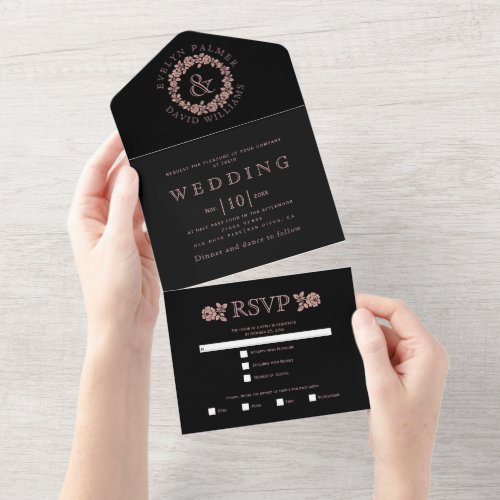 Rose gold glitter wreath on black wedding all in one invitation