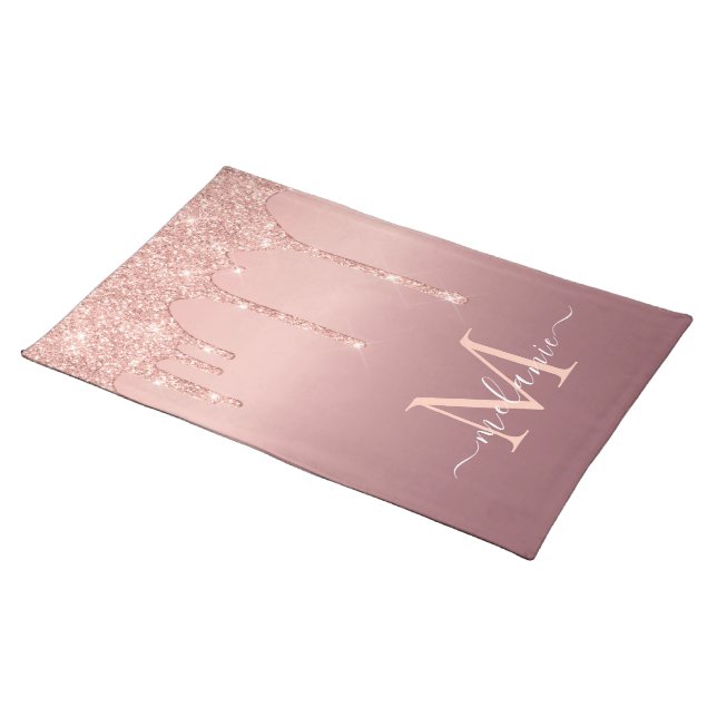 Rose Gold Glitter Your Letter Name Cloth Placemat (On Table)