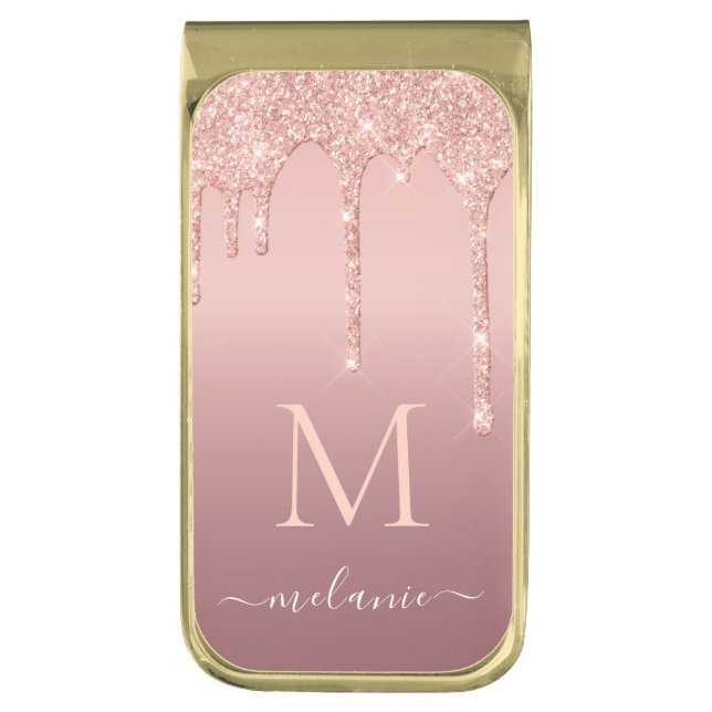 Rose Gold Glitter Your Letter Name Money Clip (Front Vertical)