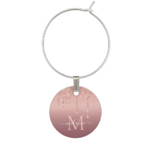 Rose Gold Glitter Your Name and Letter Wine Charms