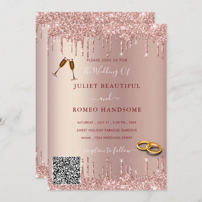 Rose Gold Glitter Your QR Code Wedding Invitation (Front/Back)