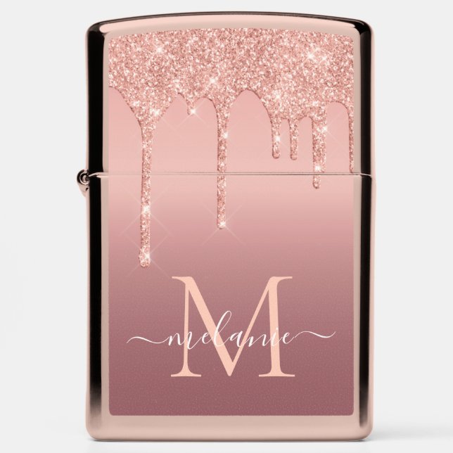 Rose Gold Glitter Zippo Lighter Custom Name Letter (Front)