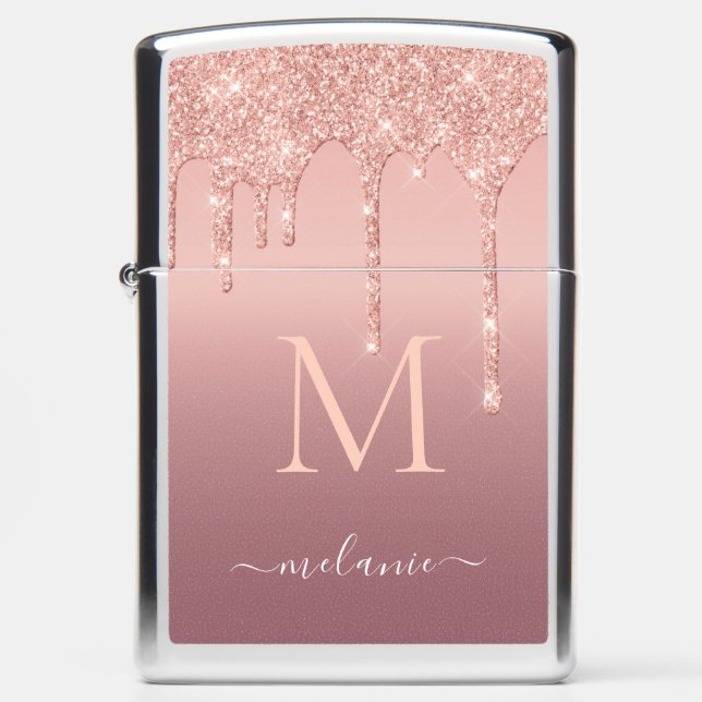 Rose Gold Glitter Zippo Lighter Custom Name Letter (Front)