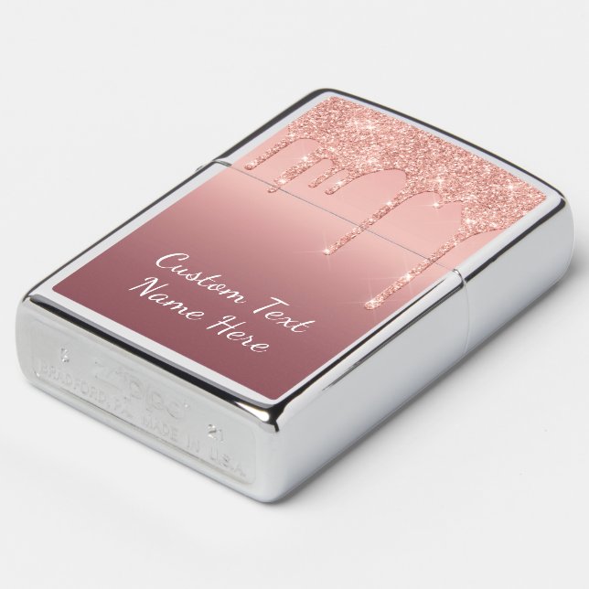 Rose Gold Glitter Zippo Lighter Personalized Text (Angled)