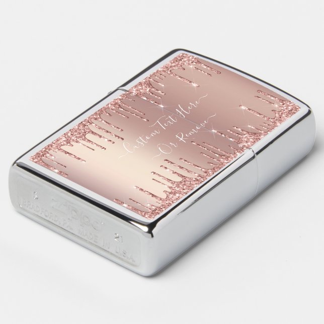 Rose Gold Glitter Zippo Lighter with Custom Text (Angled)