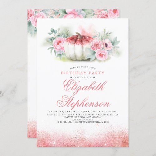 Rose Gold Glitters Elegant Pumpkin Fall Birthday Invitation