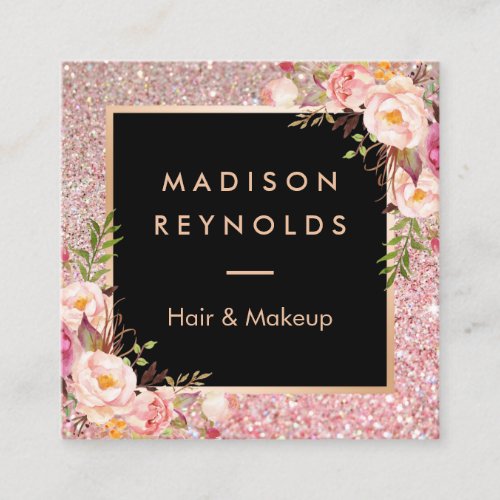 Rose Gold Glitters Pink Floral Beauty Salon Square Business Card