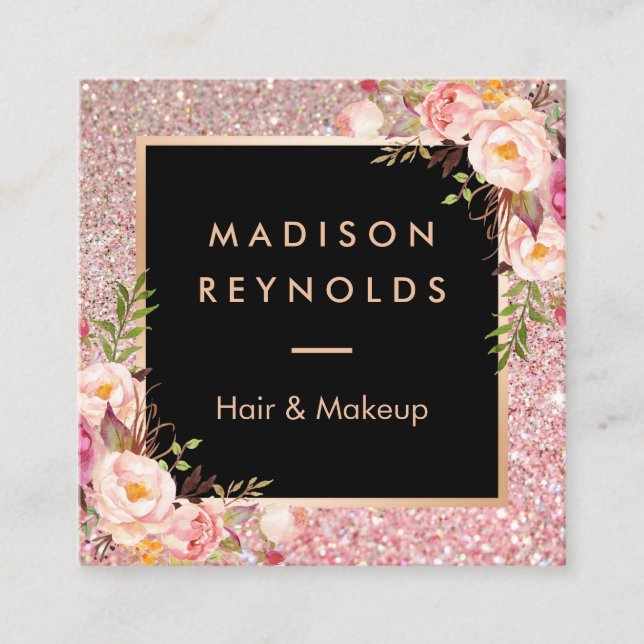 Rose Gold Glitters Pink Floral Beauty Salon Square Business Card (Front)