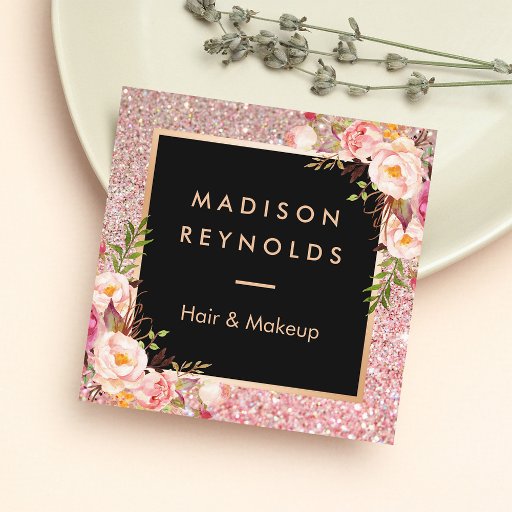 Customizable Rose Gold Glitters Pink Floral Beauty Salon Square Business Card