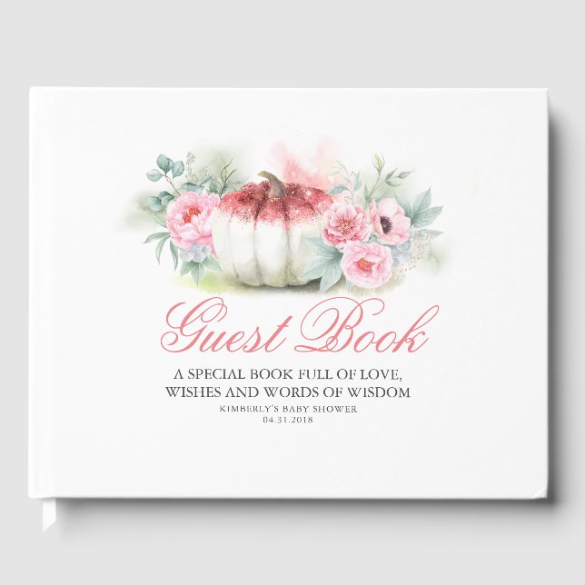 Rose Gold Glitters Pumpkin Fall Baby Shower Guest Book (Front)