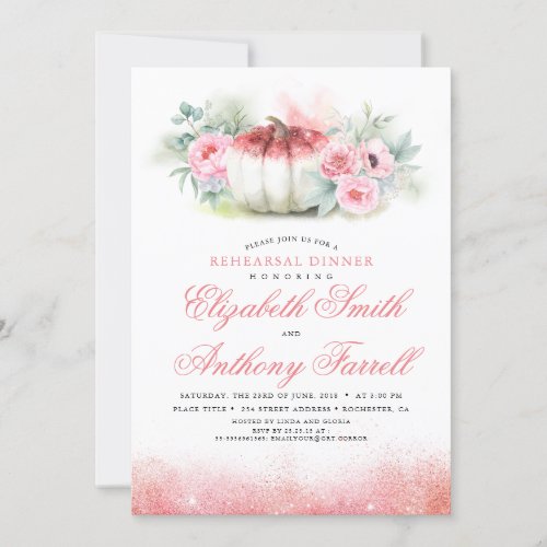 Rose Gold Glitters Pumpkin Fall Rehearsal Dinner Invitation