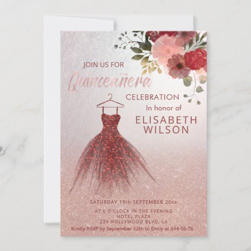 Rose gold glittery burgundy dress Quinceaera  Invitation