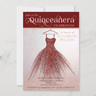 Rose gold glittery burgundy dress Quinceañera Invitation