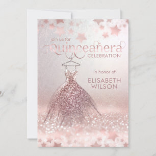 Rose gold glittery dress stars Quinceañera Invita Invitation