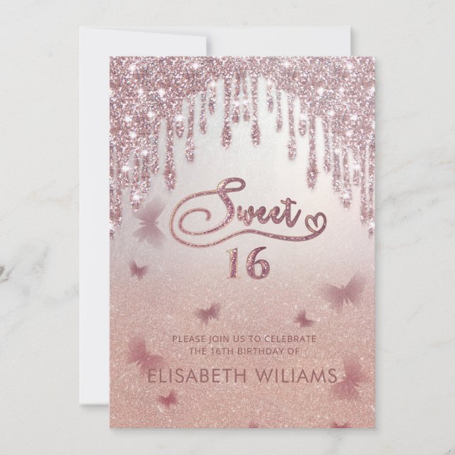 Rose gold glittery drips ombre butterfly  invitati invitation (Front)