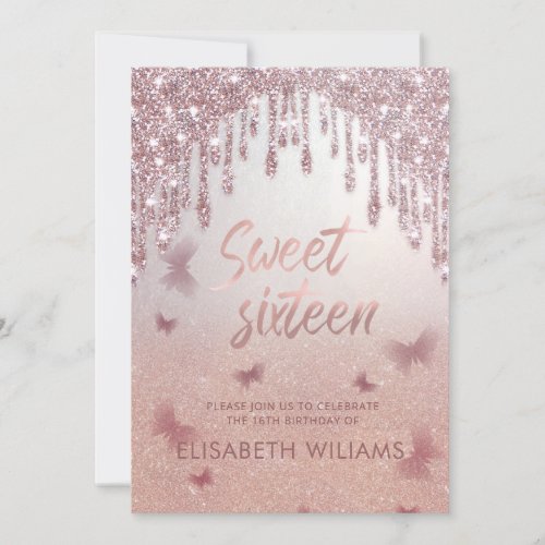 Rose gold glittery drips ombre butterfly  invitation