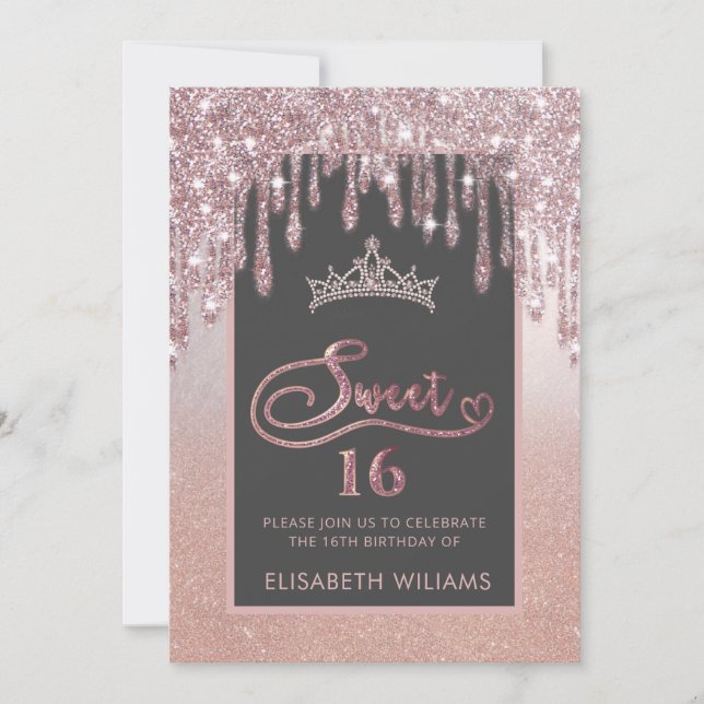 Rose gold glittery drips ombre tiara invitation (Front)