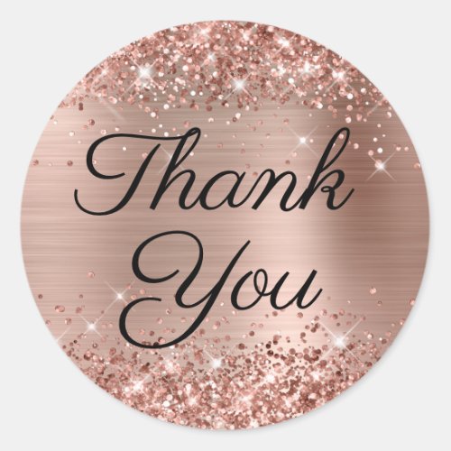 Rose Gold Glittery Elegant Calligraphy Thank You Classic Round Sticker