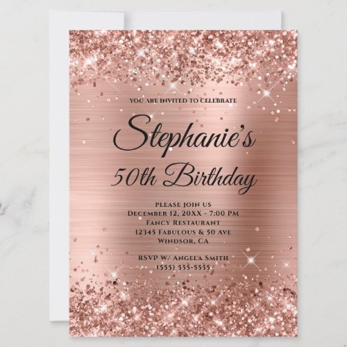 Rose Gold Glittery Foil Fancy Monogram Birthday Invitation