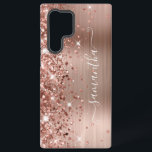Rose Gold Glittery Foil Girly Signature Samsung Galaxy S22 Ultra Case<br><div class="desc">Girly faux sparkly rose gold glitter highlights on the left edge, over a faux blush and rose gold ombre brushed metal foil. The modern girly signature features an elegant white calligraphy font with decorative tails in a vertical format. Customize the font styles or move the sparkle graphics to create your...</div>