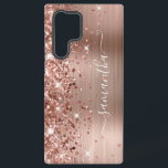 Rose Gold Glittery Foil Girly Signature Samsung Galaxy S22 Ultra Case<br><div class="desc">Girly faux sparkly rose gold glitter highlights on the left edge, over a faux blush and rose gold ombre brushed metal foil. The modern girly signature features an elegant white calligraphy font with decorative tails in a vertical format. Customize the font styles or move the sparkle graphics to create your...</div>