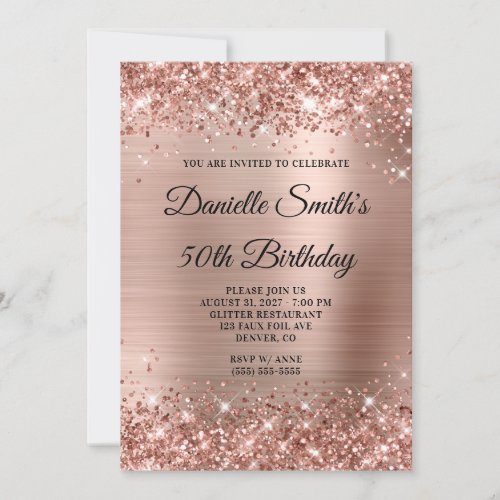 Rose Gold Glittery Foil Monogram 50th Birthday Invitation