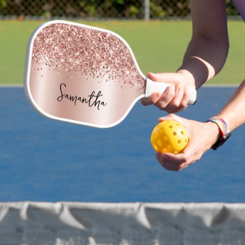 Rose Gold Glittery Glam Script Name Pickleball Paddle