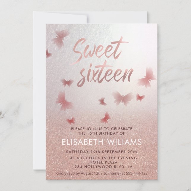 Rose gold glittery ombre charming butterfly  invit invitation (Front)