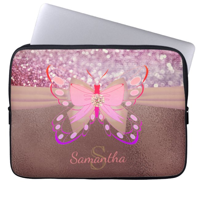  Rose Gold Glittery Pink Bow Butterfly Girly  Laptop Sleeve (Front)