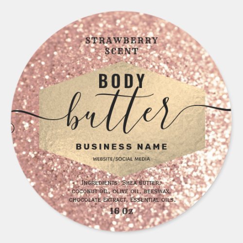 Rose gold glittery script body butter label