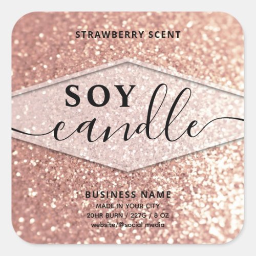 Rose gold glittery script soy candle label
