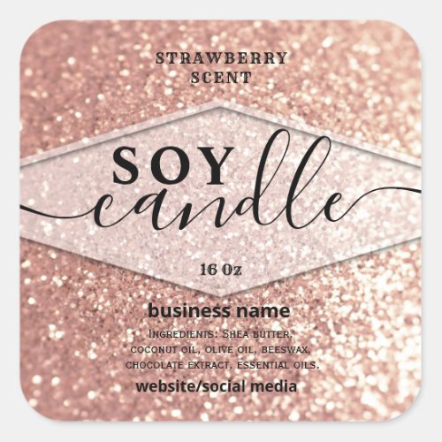 Rose gold glittery script soy candle label