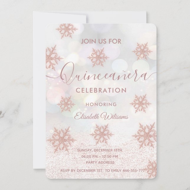 Rose gold glittery snowflake Quinceañera Invitation (Front)