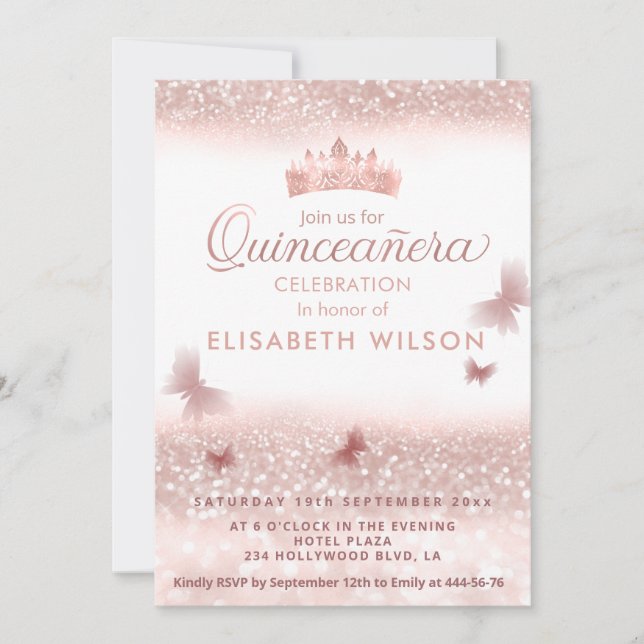 Rose gold glittery tiara calligraphy Quinceañera Invitation (Front)