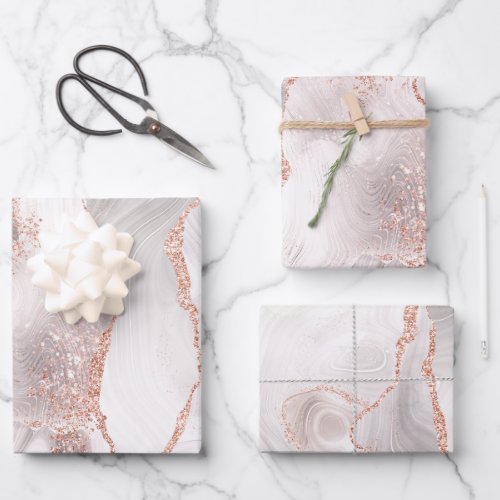 Rose Gold Glittery White Agate Wrapping Paper Sheets