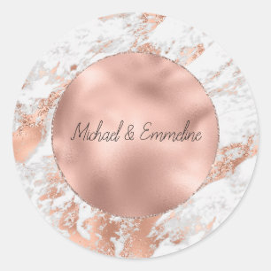 Rose Gold Glitz White Marble Wedding Classic Round Sticker