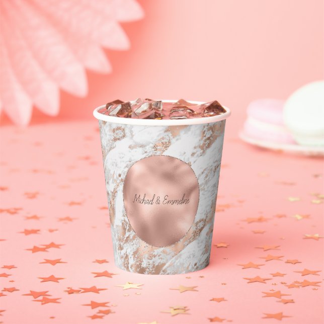 Rose Gold Glitz White Marble Wedding Paper Cups (Insitu)