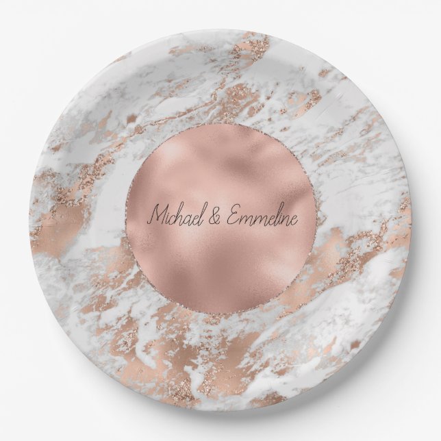 Rose Gold Glitz White Marble Wedding     Paper Plates (Front)