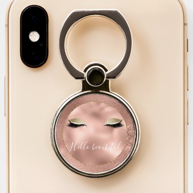 Rose Gold Glitzy Black Eyelashes Phone Ring Stand (Close Up)